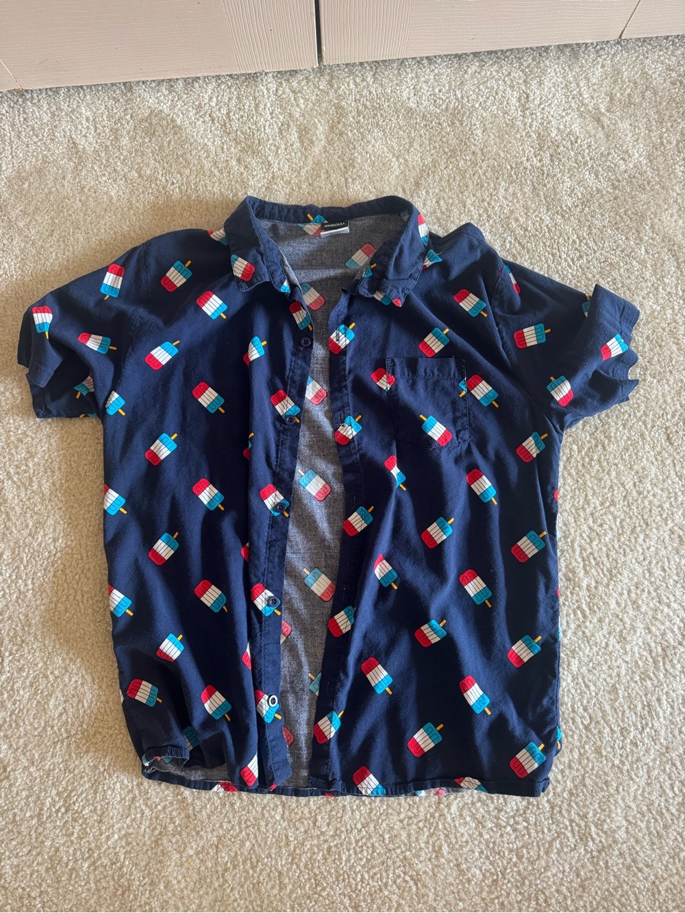 Men's Navy Short-Sleeve Button-Down Shirt with Popsicle Print